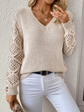 Women's Beige V-Neck Crochet Knit Sweater Casual Hollow-Out Long Sleeve Pullover
