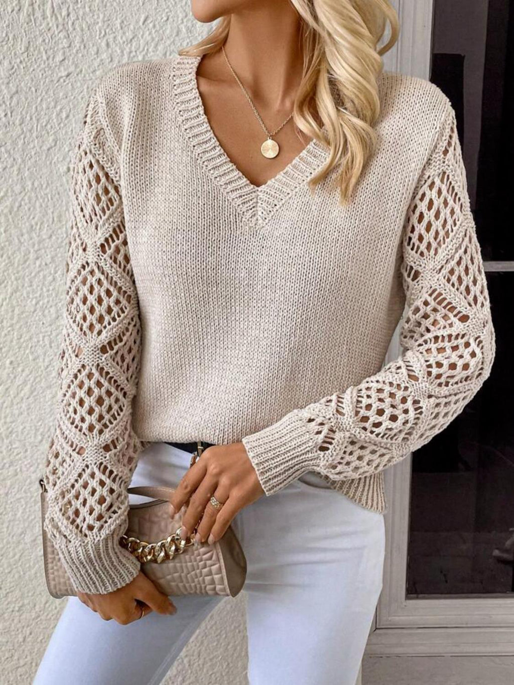 Women's Beige V-Neck Crochet Knit Sweater Casual Hollow-Out Long Sleeve Pullover