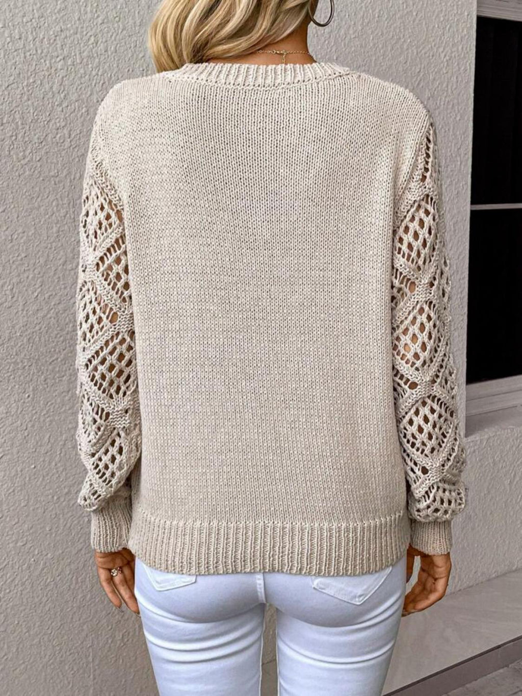 Women's Beige V-Neck Crochet Knit Sweater Casual Hollow-Out Long Sleeve Pullover