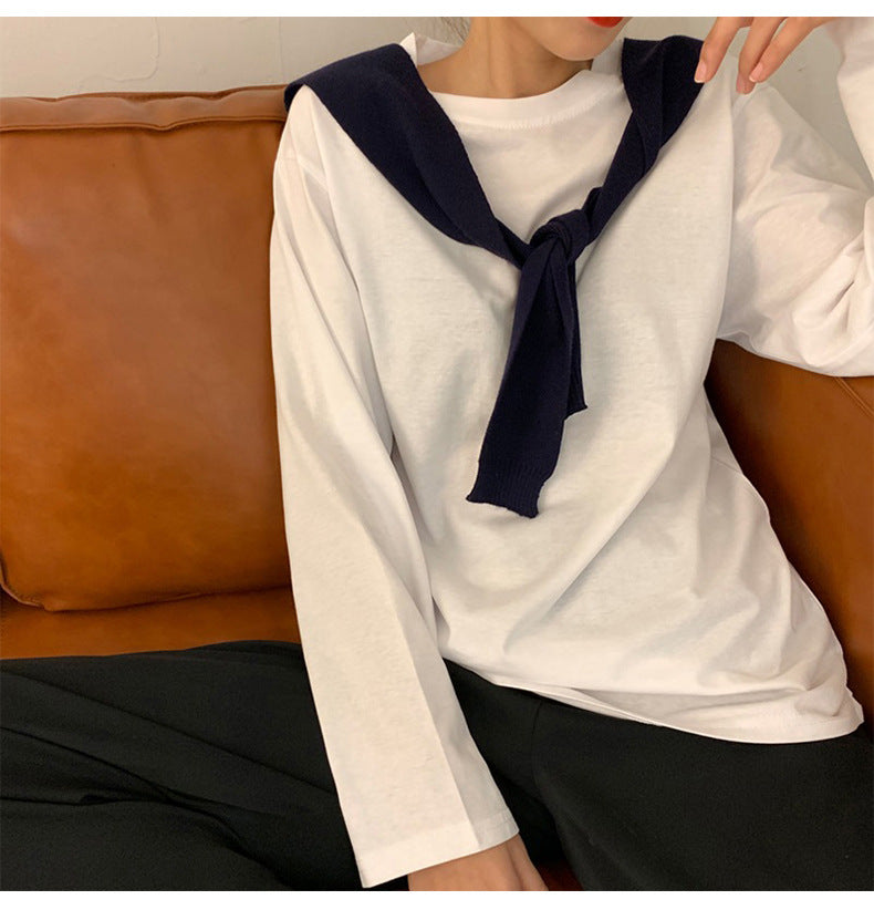 Women's White Long Sleeve Crew Neck Shirt with Knit Shawl Casual Loose Fit Basic Top