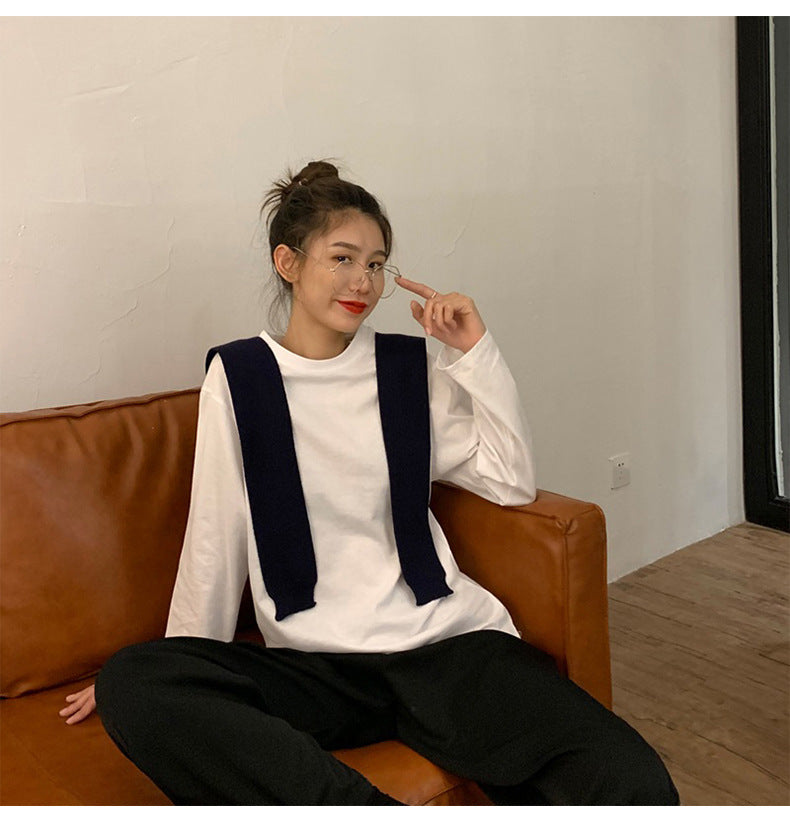 Women's White Long Sleeve Crew Neck Shirt with Knit Shawl Casual Loose Fit Basic Top