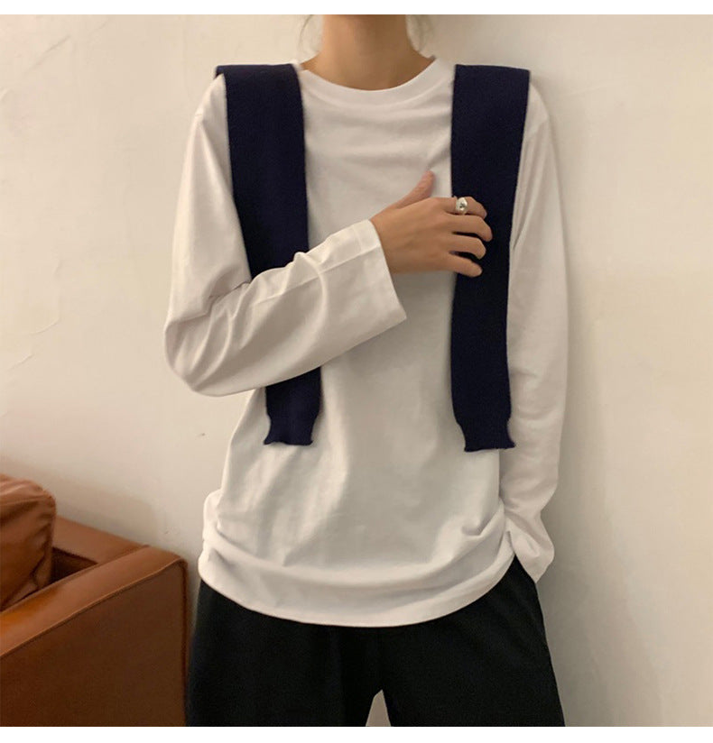 Women's White Long Sleeve Crew Neck Shirt with Knit Shawl Casual Loose Fit Basic Top