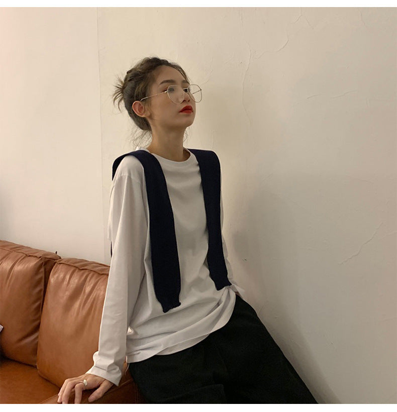 Women's White Long Sleeve Crew Neck Shirt with Knit Shawl Casual Loose Fit Basic Top