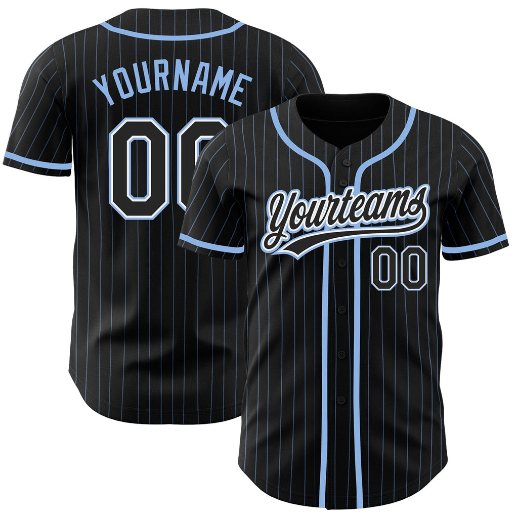 Custom Baseball Jersey Black and Light Blue Pinstripe Stitched Name and Number