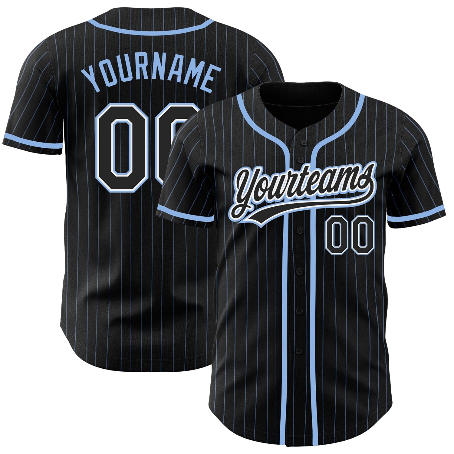 Custom Baseball Jersey Black and Light Blue Pinstripe Stitched Name and Number