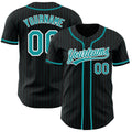 Custom Baseball Jersey Black and Teal Pinstripe Personalized Team Apparel Stitched