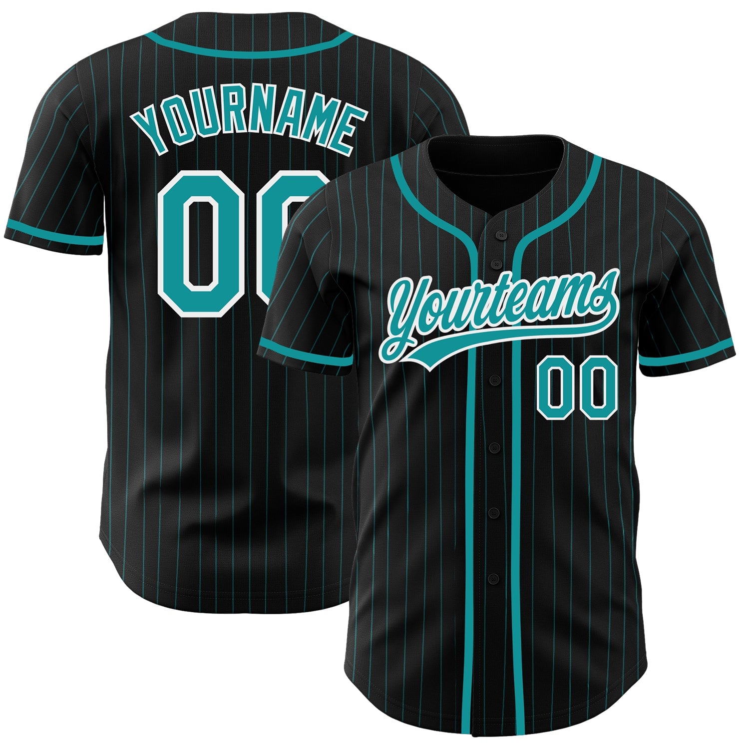 Custom Baseball Jersey Black and Teal Pinstripe Personalized Team Apparel Stitched